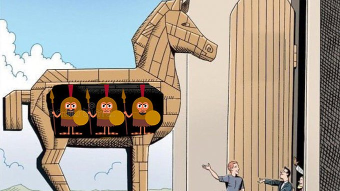 Trojan Horse cartoon showing soldiers hidden inside the horse at the gates of Troy
