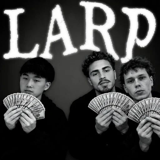 Black-and-white LARP meme with three people holding cash